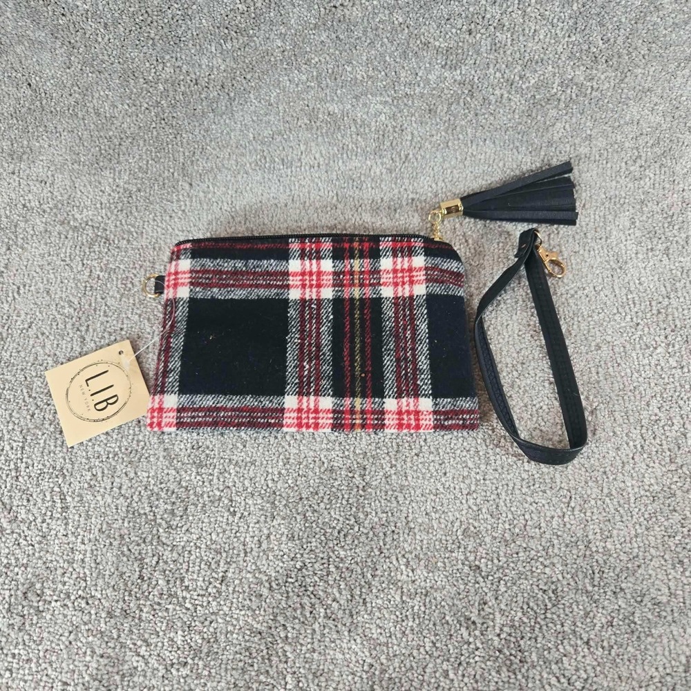L.I.B. New York Wristlet Pouch Black Red White Plaid Tassel Womens Small